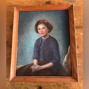 Midcentury original oil portrait of lady in pearls + sweater set. Signed “Erna.”
